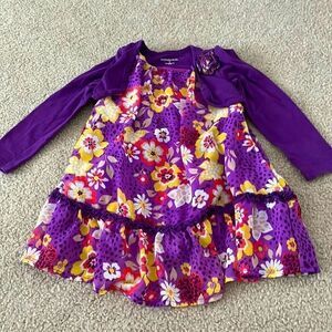 Wonderkids Purple Floral Toddler Dress with Built-in Cardigan- 3T